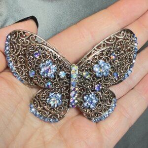 Butterfly Brooch Blue Rhinestone Filigree Crystal Pin Large Statement 3”